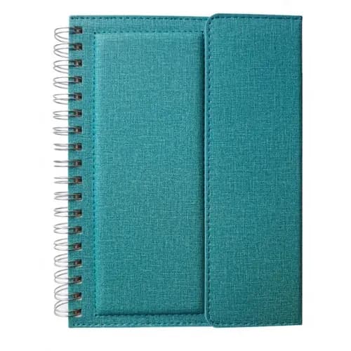 promosyon turkuaz kumaş kaplı spiralli defter, sağ kapaklı, metal halkalar, tek adet, yazısız