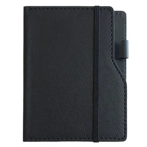 promosyon siyah deri görünümlü dikdörtgen defter, dikişli kenarlı, dikey elastik bantlı, beyaz zemin