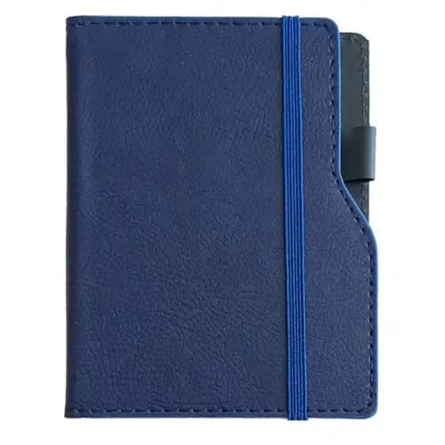 promosyon lacivert dokulu defter kapağı, dikey mavi lastik bant, siyah kalem halkası, beyaz zemin