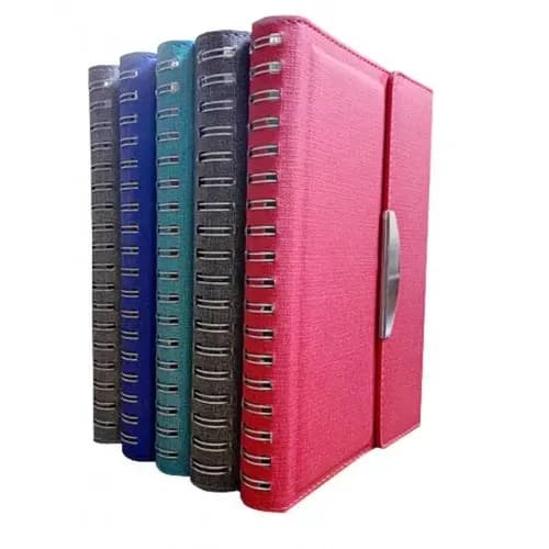 promosyon beş adet spiralli defter seti, pembe siyah turkuaz mavi ve gri dokulu kapaklar, gümüş halka