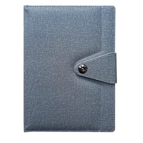 promosyon mavi-gri kumaş kaplı defter, siyah yuvarlak düğmeli kapak, baskısız, beyaz arka plan