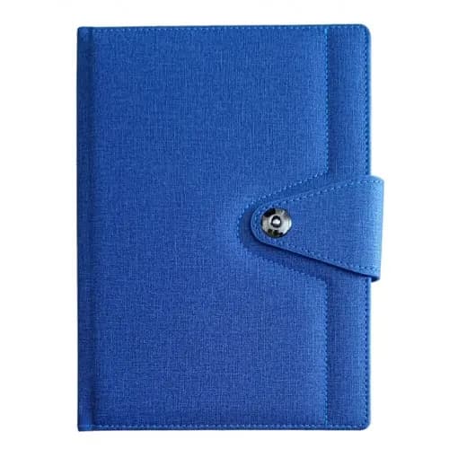 promosyon mavi kumaş dokulu defter kapağı, metal çıtçıtlı kapak, tek adet, beyaz arka plan