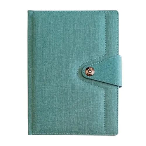 promosyon su yeşili kumaş kaplı defter, sağda metal düğmeli kapak, tek adet, beyaz arka plan