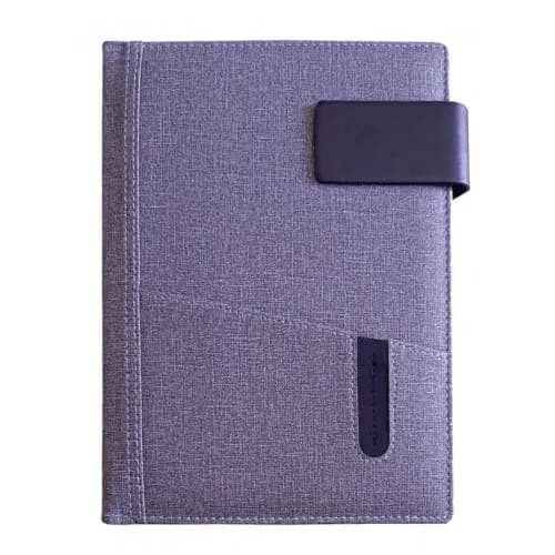 promosyon gri-mor dokulu defter kapağı, siyah elastik bant, kalem halkası, dikişli kenar, yazısız