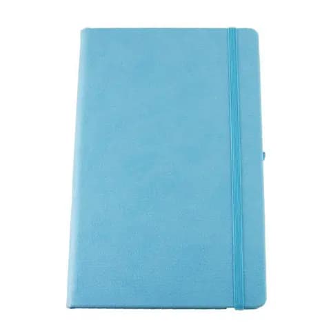 promosyon açık mavi suni deri kapaklı lastikli defter, yanda küçük kalem halkası, düz kapak