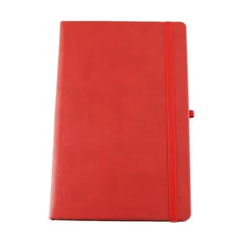 promosyon parlak kırmızı suni deri kapaklı lastikli defter, yanda ton uyumlu kalem halkası