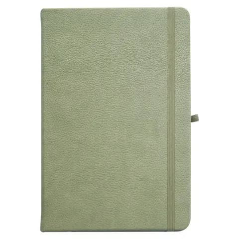 promosyon adaçayı yeşili suni deri kapaklı lastikli defter, dikişli kenar ve kalem halkası