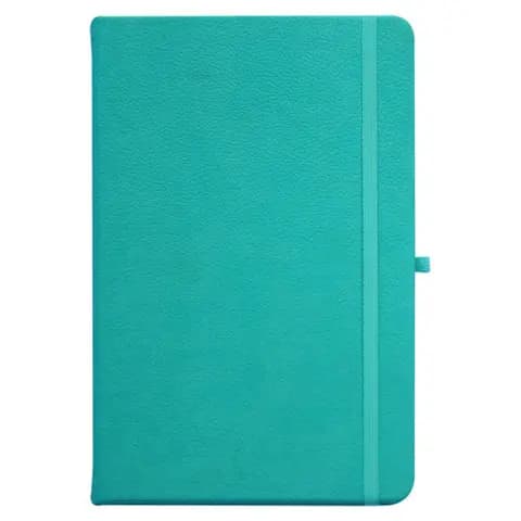 promosyon turkuaz suni deri kapaklı lastikli defter, ton uyumlu lastik ve kalem halkası