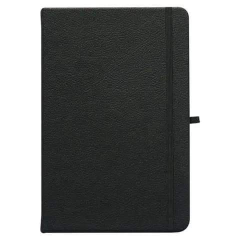 promosyon siyah suni deri kapaklı lastikli defter, siyah lastik ve kalem halkası, beyaz fon