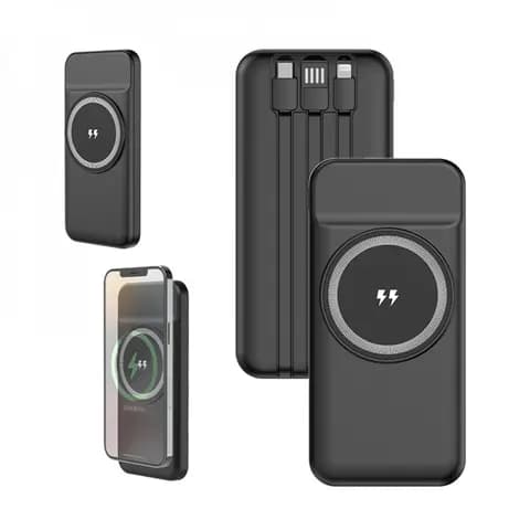 Promosyon manyetik powerbank dört farklı açıdan, arka yüzde gömülü kablolar