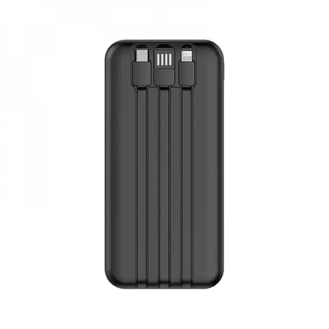 Promosyon mat siyah powerbank, dört kademeli gösterge ve üç gömülü kablosuyla
