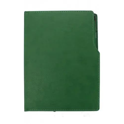 promosyon yeşil suni deri defter kapağı, dikdörtgen, dikişli, tek adet, yazısız, beyaz arka plan