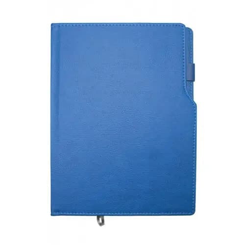 promosyon mavi deri defter, dikişli kenarlı, sağda kalem halkası, altta metal uç, yazısız, beyaz zemin