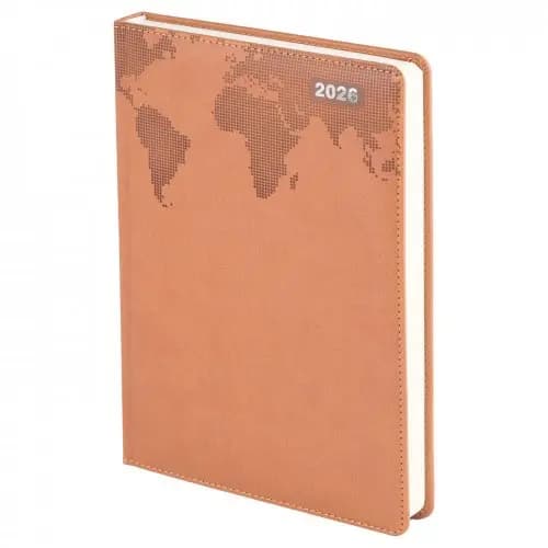promosyon kahverengi defter, noktalı dünya haritası ve 2026 baskılı, dikişli kenar, lastik bantlı