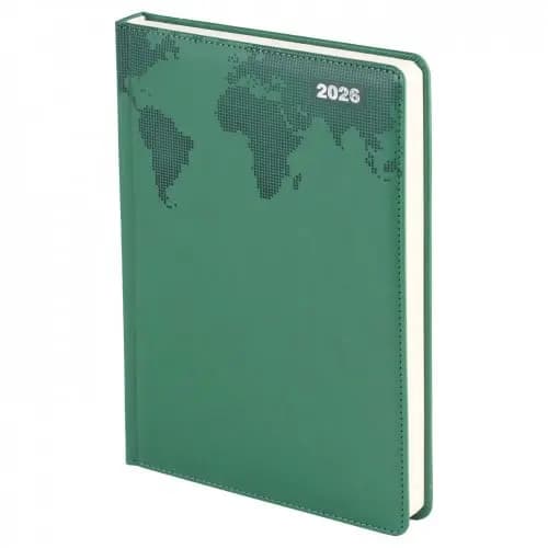 promosyon yeşil sert kapaklı defter, noktalı dünya haritası ve 2026 baskılı, beyaz sayfalar, beyaz zemin