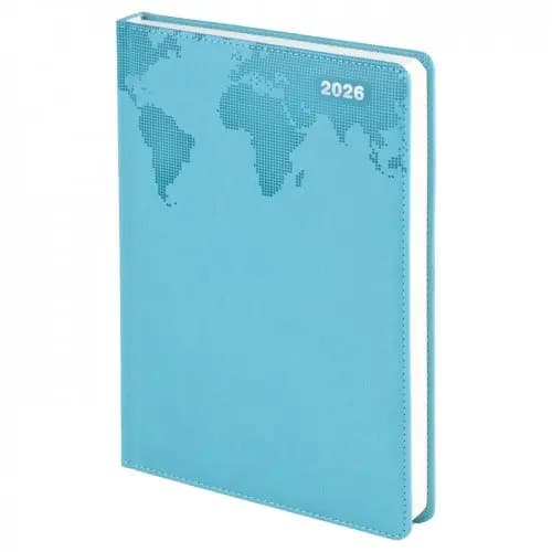 promosyon açık mavi defter, noktalı dünya haritası ve beyaz 2026 yazısı baskılı, beyaz sayfalar