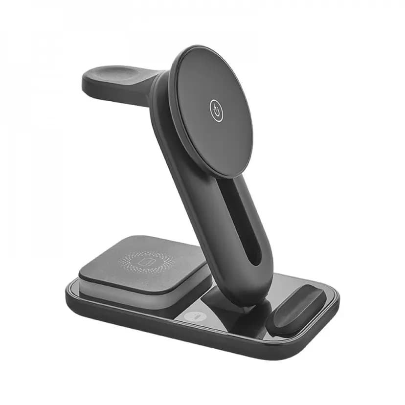 Dikey standlı siyah promosyon şarj istasyonu, telefon saati ve kulaklık için