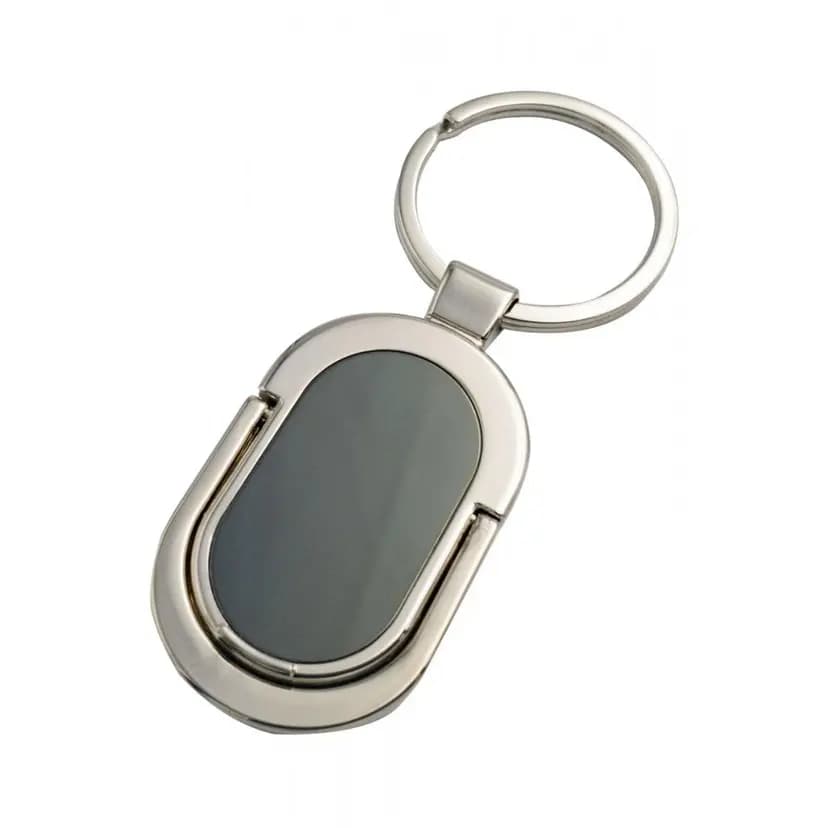 promosyon gümüş metal anahtarlık, oval gövde, siyah düz panel, halkalı, tek adet, yazısız