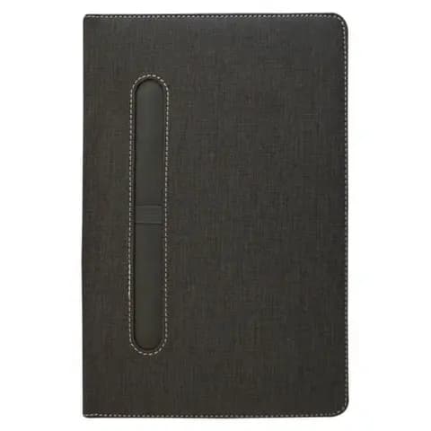 Antrasit keten dokulu defter kapağı, dikişli kenar ve dikey kalem yuvası; promosyon ürünü
