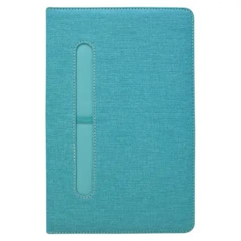 Turkuaz keten dokulu defter kapağı, dikişli kenar ve dikey kalem yuvası; promosyon ürünü