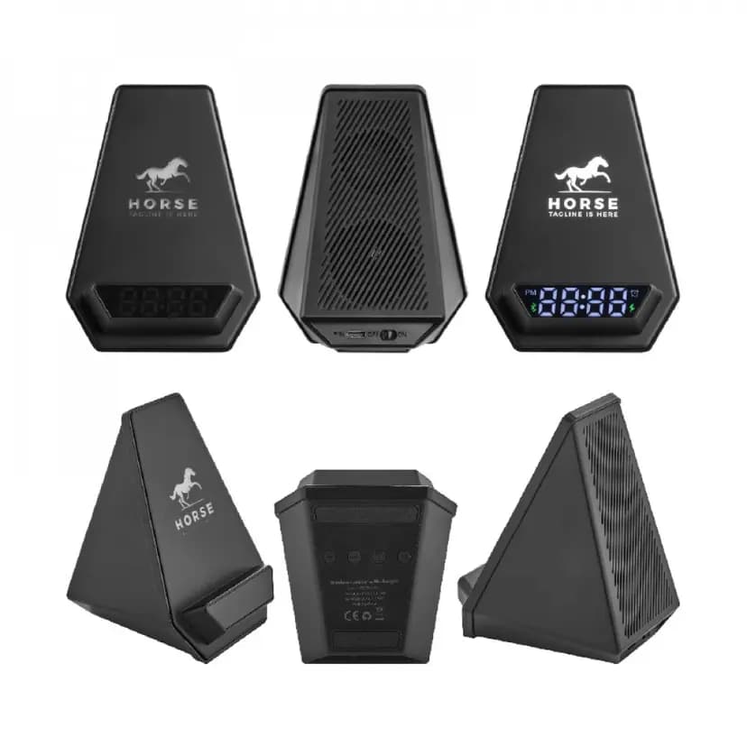 Altı açıdan çekilmiş siyah promosyon bluetooth hoparlör, mavi LED saatli