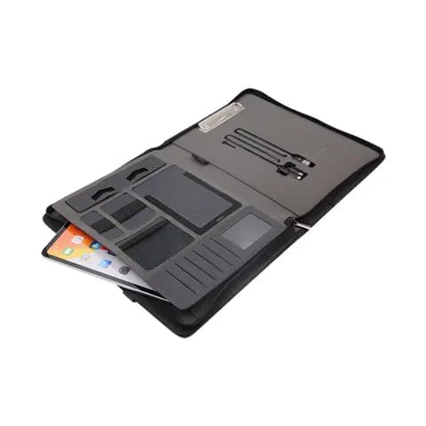 Promosyon açılmış fermuarlı siyah organizer çanta, tablet yuvası ve kart gözleriyle