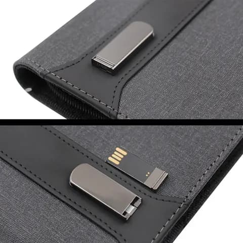 Promosyon gri kumaş organizer parçası, elastik bandında duran USB bellekle