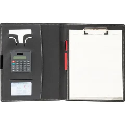 Promosyon siyah organizatör içinde beyaz bloknot, kart cebi ve hesap makinesi