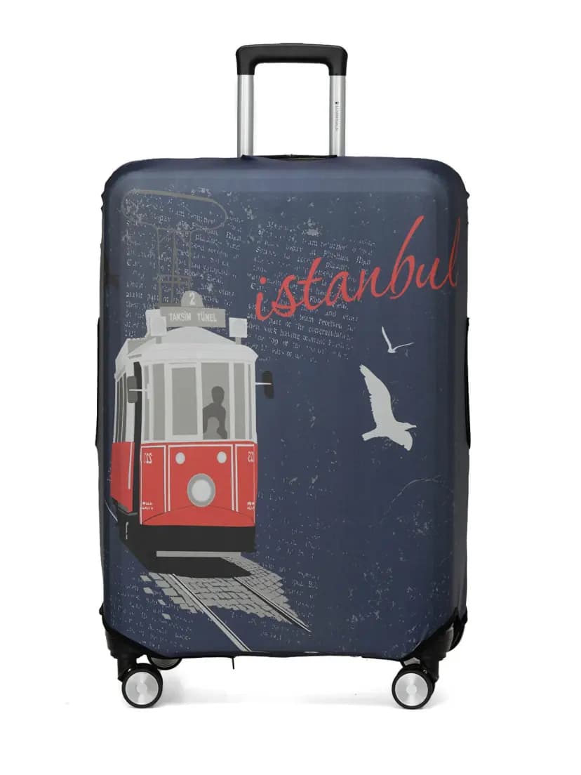 Promosyon lacivert valiz kılıfı, İstanbul yazılı tramvay ve martı baskı desenli