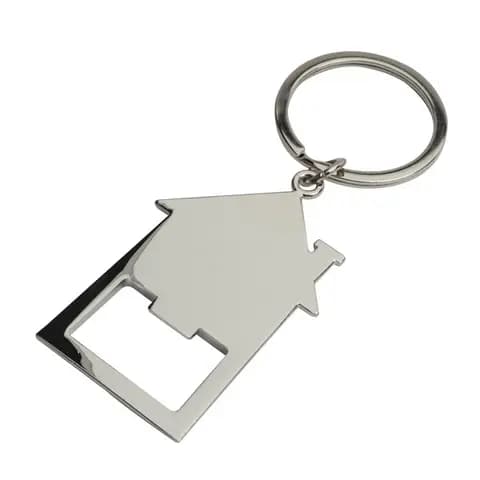 Promosyon gümüş metal anahtarlık, ev silüeti formunda plaka ve halkasıyla