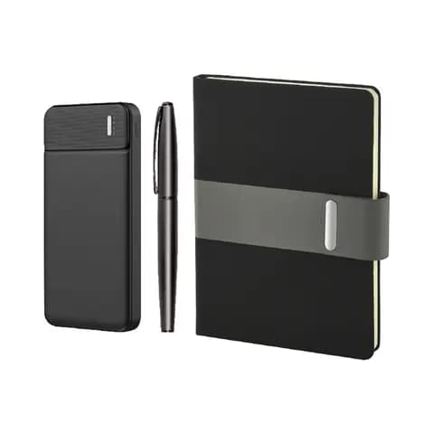 Promosyon siyah üçlü set, powerbank kalem ve lastik bantlı defter bir arada