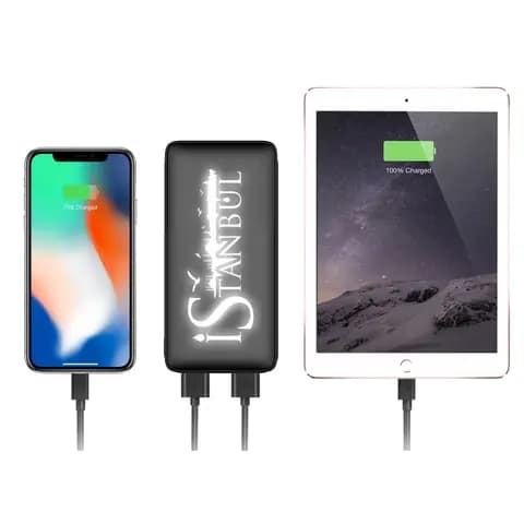 Promosyon siyah powerbank, telefon ve tableti aynı anda şarj ederken
