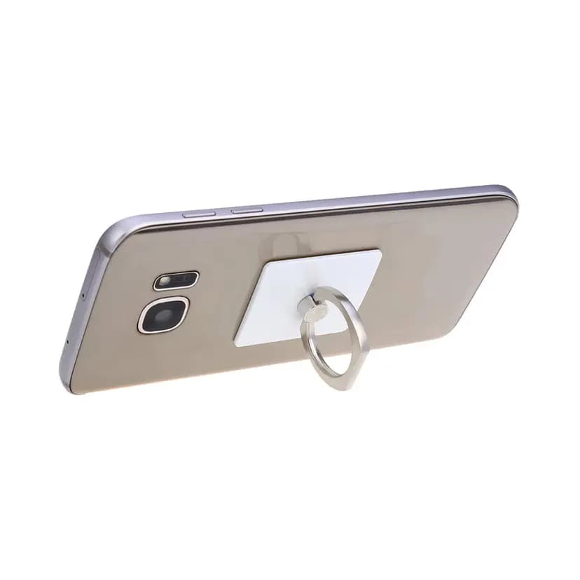Promosyon telefon yüzük tutucusu, beyaz yapışkan taban ve gümüş metal halkalı