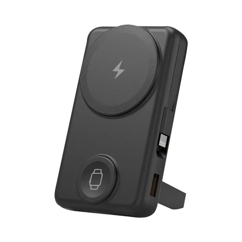Promosyon siyah manyetik powerbank, telefon ve akıllı saat için iki dairesel şarj alanlı