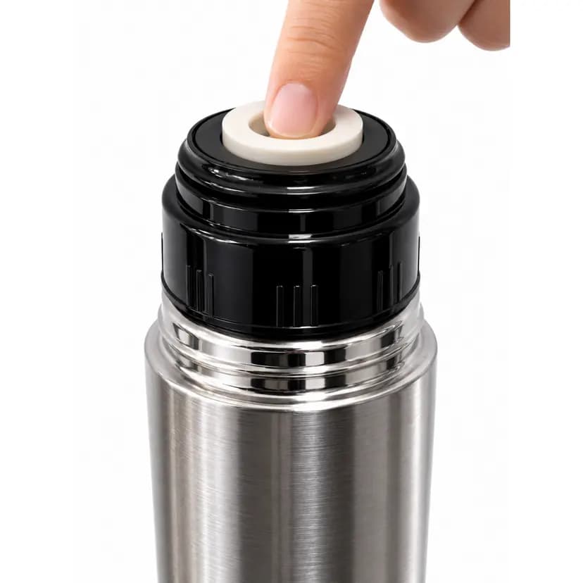 Gümüş gövdeli 750 ml promosyon termos, beyaz halkalı basmalı kapak