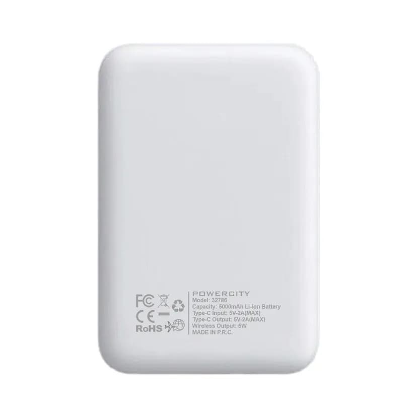 Beyaz gövdeli promosyon powerbank, mıknatıslı kablosuz şarj, arka yüzde gri bilgi baskısı