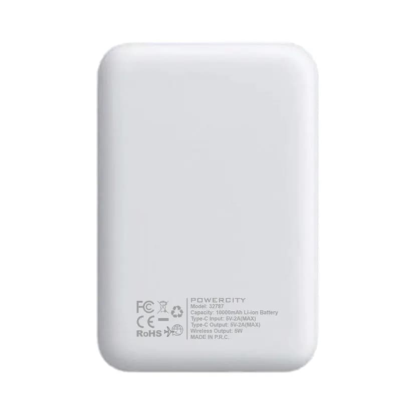 Beyaz promosyon powerbank, arka yüzde kapasite ve giriş çıkış bilgileri basılı