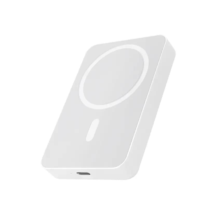 Beyaz promosyon manyetik powerbank, daire biçimli mıknatıslı halka, alt kenarda şarj girişi