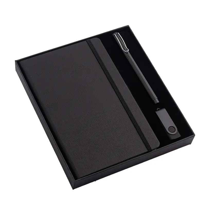 Siyah promosyon kırtasiye seti, elastik bantlı defter, metal kalem ve bellek, sunum kutusunda