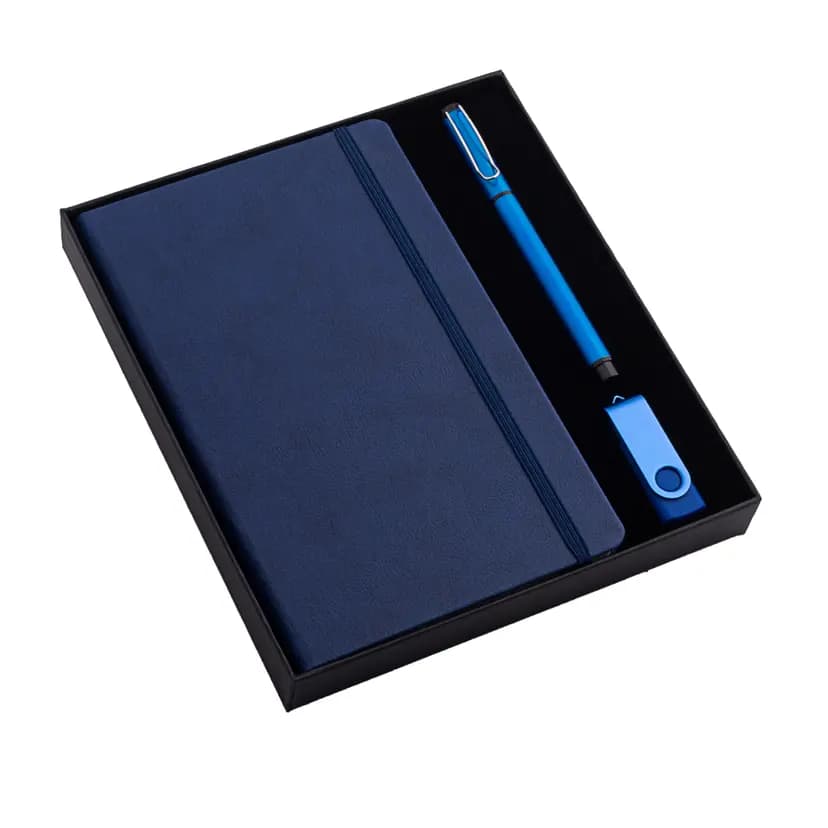 Lacivert suni deri promosyon defter, kalem ve taşınabilir bellek seti, siyah kutuda