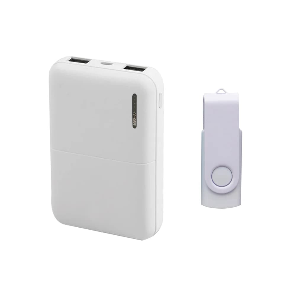 Beyaz renkli, 5000mAh plastik kaplamalı powerbank ve beyaz USB bellek.
