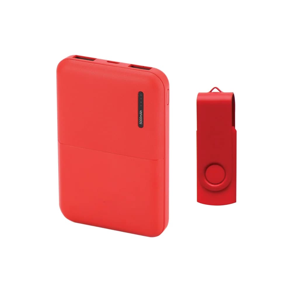 Kırmızı renkli, 5000mAh plastik kaplamalı powerbank ve kırmızı USB bellek.