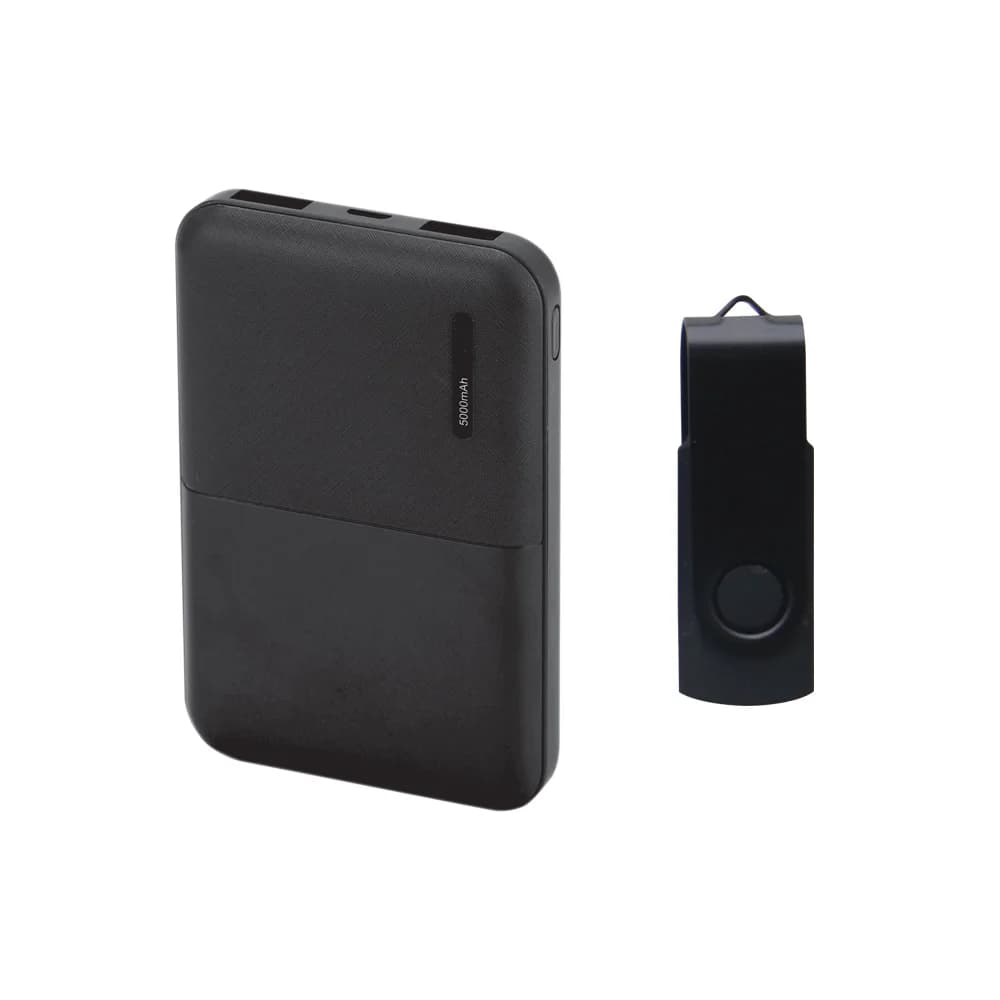 Siyah renkli, 5000mAh plastik kaplamalı powerbank ve siyah USB bellek.