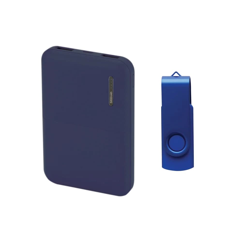 Mavi renkli, 5000mAh plastik kaplamalı powerbank ve mavi USB bellek.