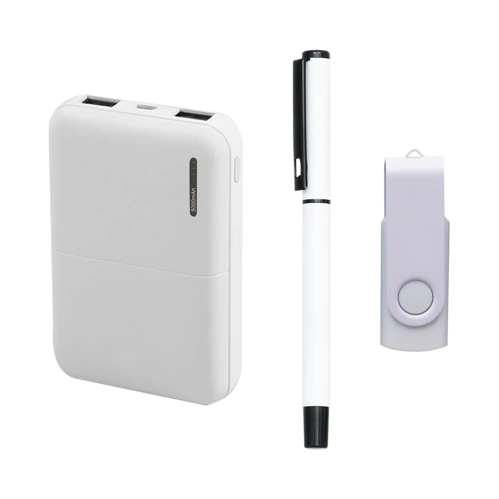 Beyaz USB bellek, kalem ve powerbankten oluşan setin detaylı görünümü.
