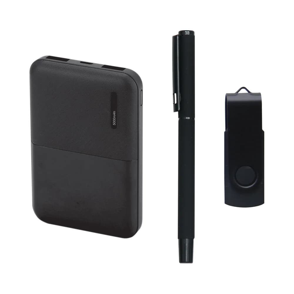 Siyah USB bellek, kalem ve powerbankten oluşan setin detaylı görünümü.