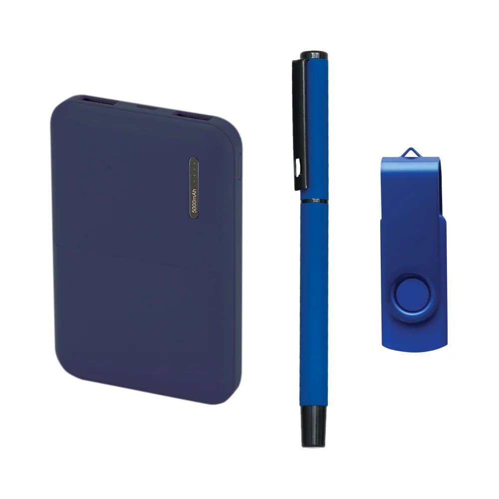 Mavi USB bellek, kalem ve powerbankten oluşan setin detaylı görünümü.
