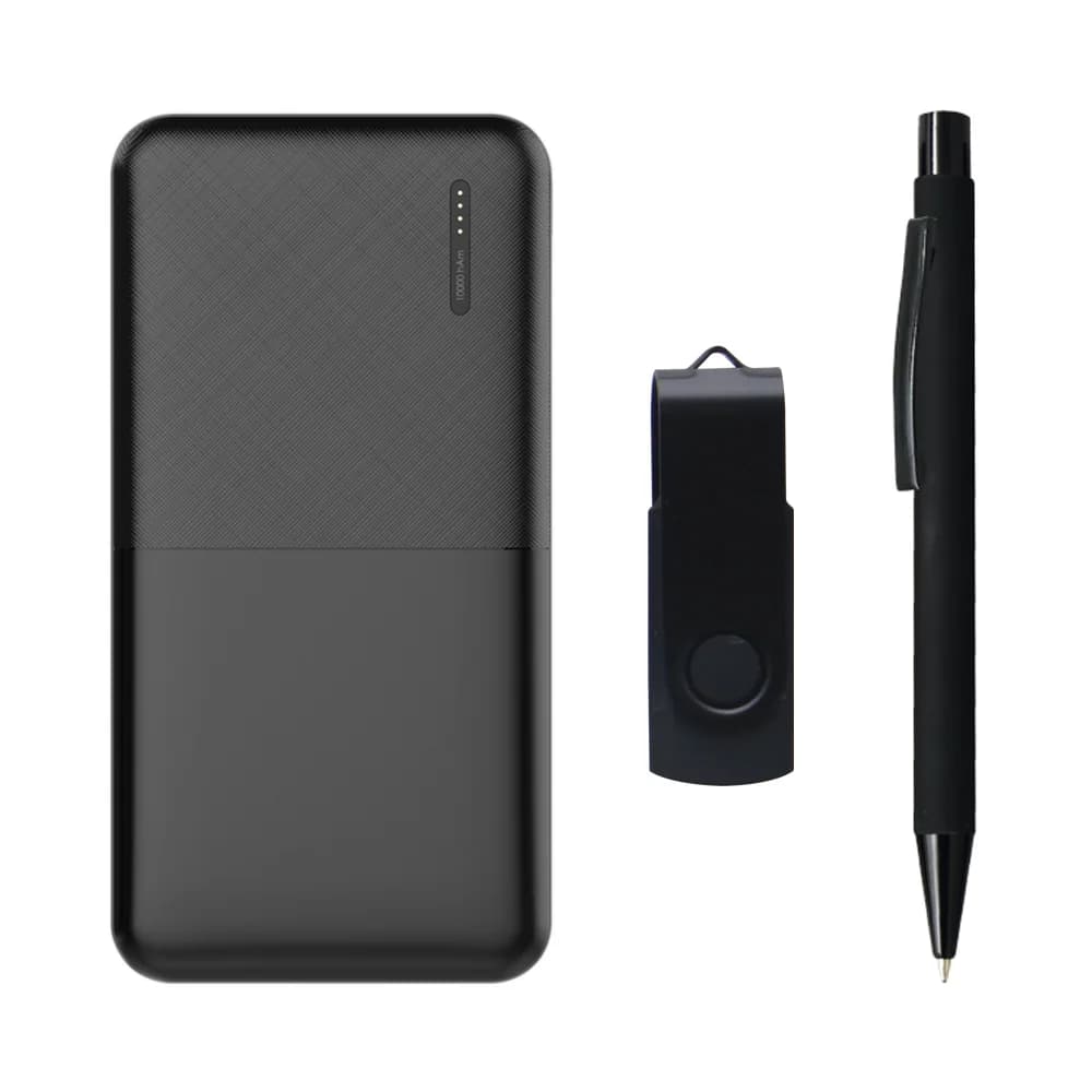 Siyah kaplama powerbank, alüminyum kalem ve metal USB bellek seti ön yüzü.