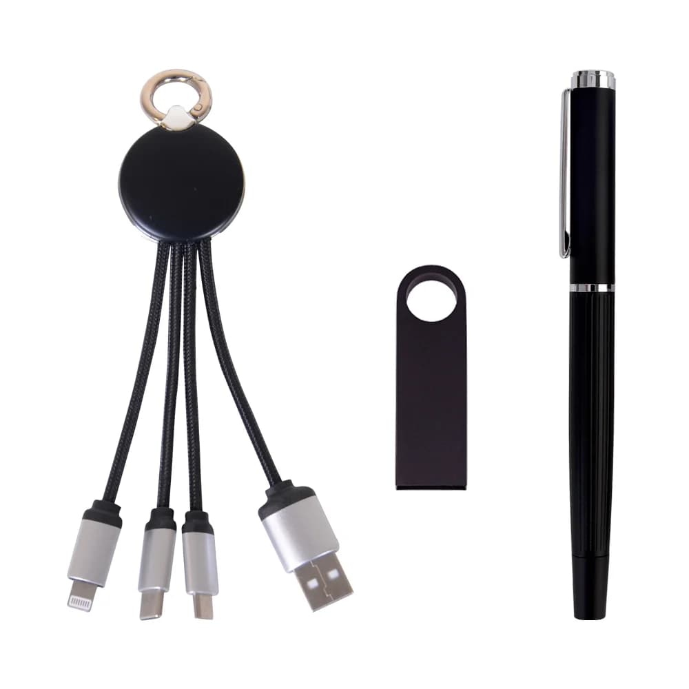 Kurumsal promosyon seti, siyah; çok başlı USB kablo, USB bellek ve kalem, kutusuz üçlü