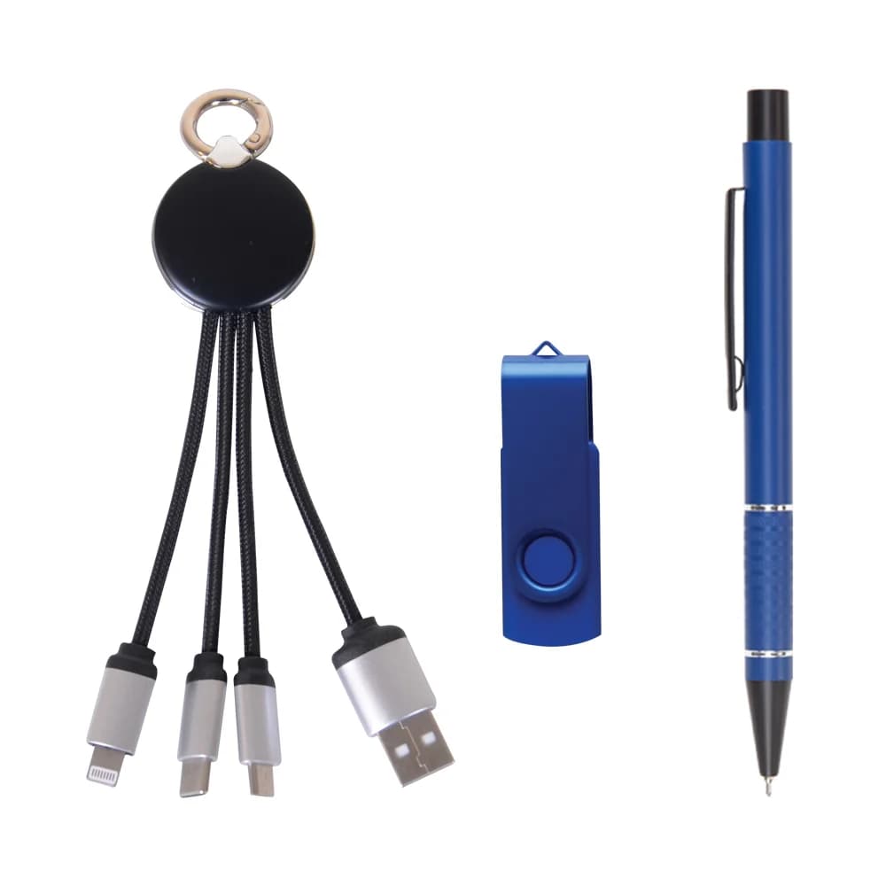 Kurumsal promosyon seti, siyah ve mavi; çok başlı USB kablo, mavi USB bellek ve mavi kalem